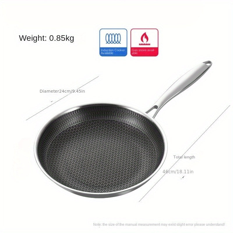 This skillet is made of top-quality 304 stainless steel and features a triple-layer, thickened, non-stick honeycomb design, perfect for cooking eggs and steaks with ease. It is ideal for both home kitchen and restaurant use.