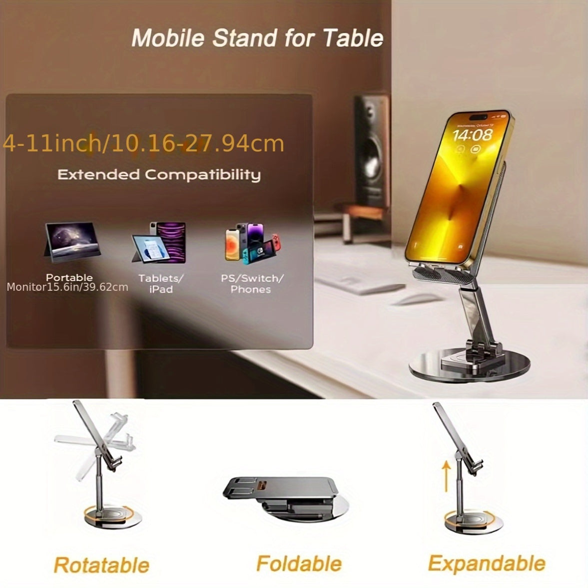 Aluminum multi-device stand with clip holder for phones, tablets, and game consoles - ergonomic, foldable, and adjustable, 360° rotatable table holder, not waterproof.