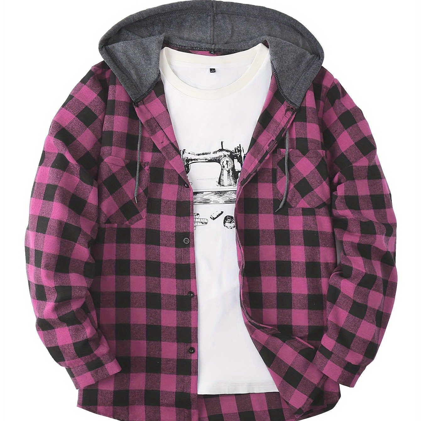 Men's plaid hooded shirt jacket with long sleeves and a regular fit.