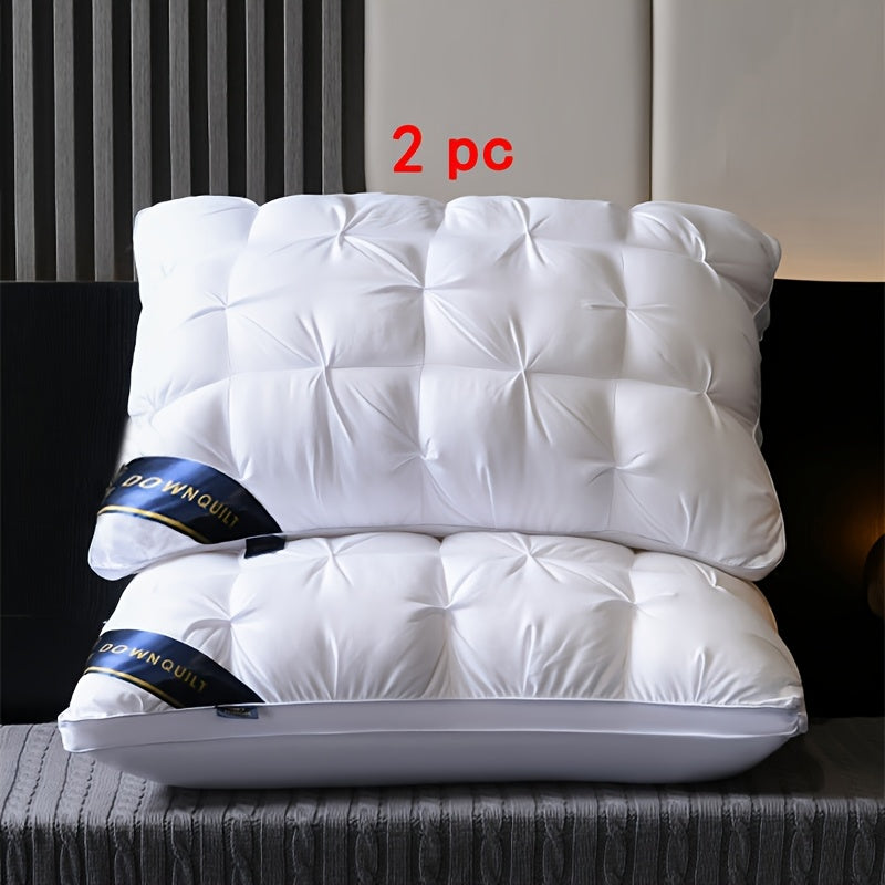 Luxury hotel quality pillows in a 2-pack with neck support. Hypoallergenic, machine washable, soft polyester fill. Deep sleep and comfort, classic style. Zippered, woven fabric. Suitable