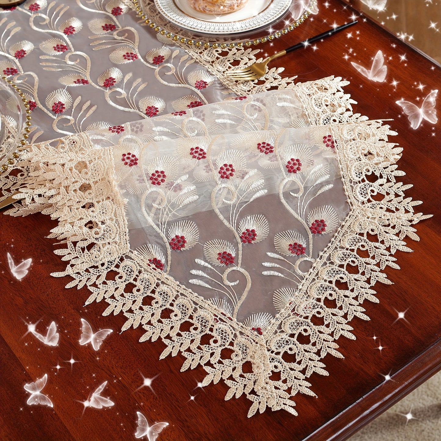 Polyester embroidered table runner for holiday and wedding decor.