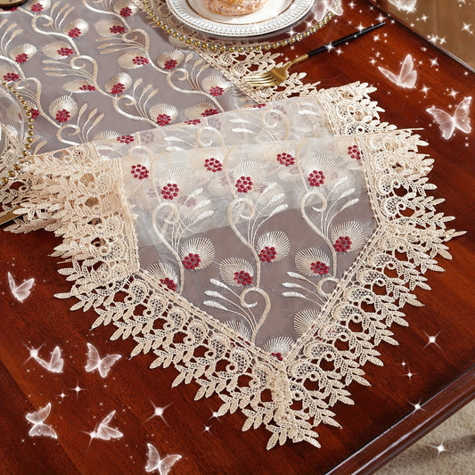 Polyester embroidered table runner for holiday and wedding decor.