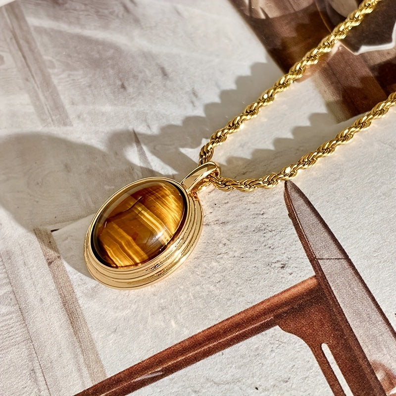 Stylish bohemian oval pendant necklace featuring Tiger Eye stone in a vintage design - Crafted from 18K gold plated titanium steel with a natural stone mosaic. Perfect for daily wear or as a special gift.