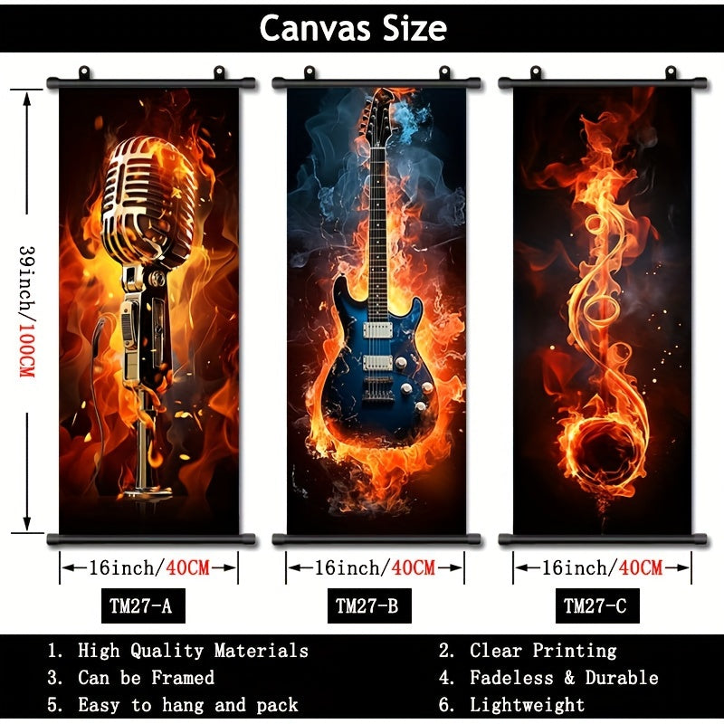 Single piece music-themed hanging scroll featuring a flame guitar, ideal for wall decor in bathrooms, bedrooms, and living rooms. Dimensions: 40.64cm x 99.06cm. Aesthetic addition to any room.