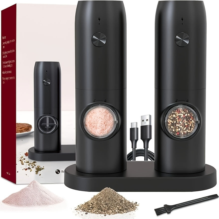 Portable Two-Pack with Charging Base containing LED Light Electric Tool for grinding Sea Salt, Black Pepper, and Seasoning Salt with automatic adjustable grinding feature.