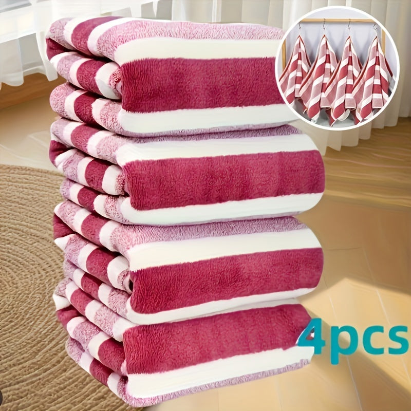 LDQ 4 Ultra-Soft Coral Fleece Towels - Quick Dry, Striped Hand & Face Towels, 34.8x74.93 cm