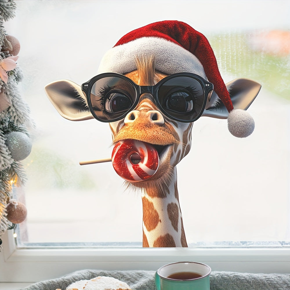 Giraffe wearing a hat and sunglasses Christmas window stickers, candy and deco art decals for Christmas party decorations in the home.