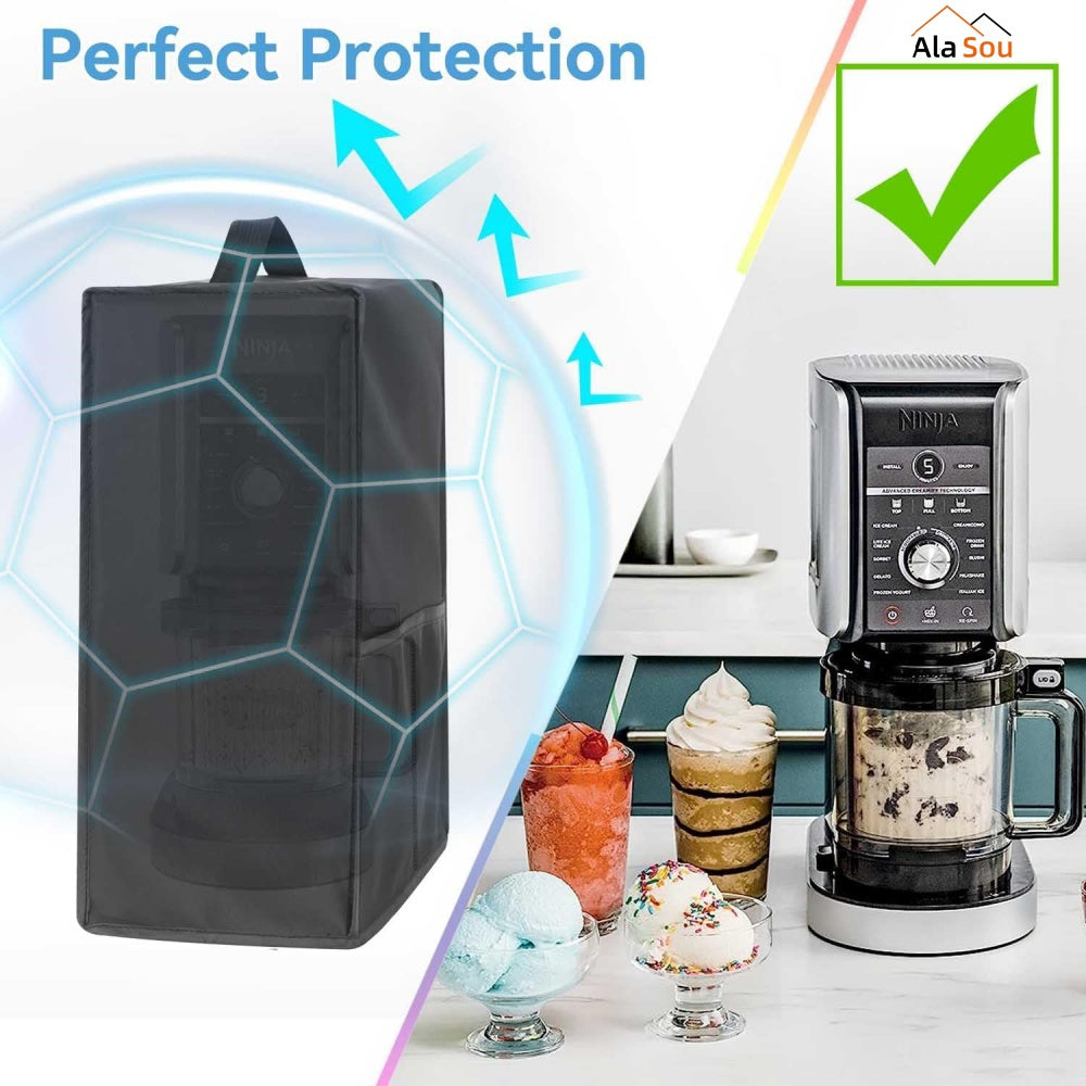 Protect your ice cream maker with the AlaSou Heavy-Duty Dust Cover. The black cover features a clear window, is waterproof and easy to clean. Compatible with various types of ice cream, it includes a handle and storage pocket for convenient kitchen and