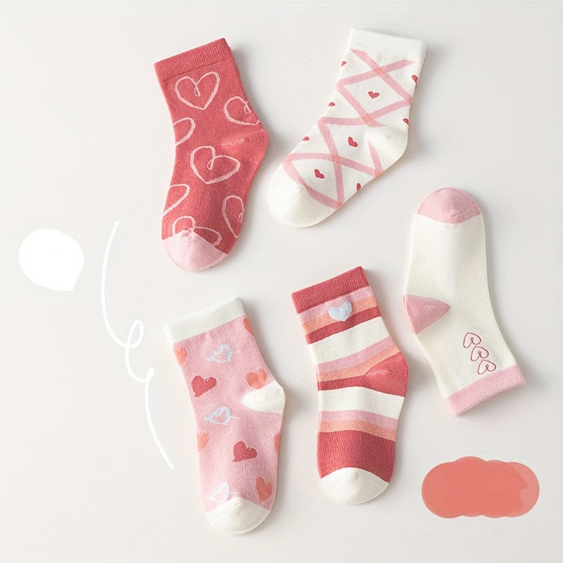 5 pairs of girl's kids socks with hearts, cartoon patterns, cute and sweet designs, breathable and comfy crew style, trendy for children.