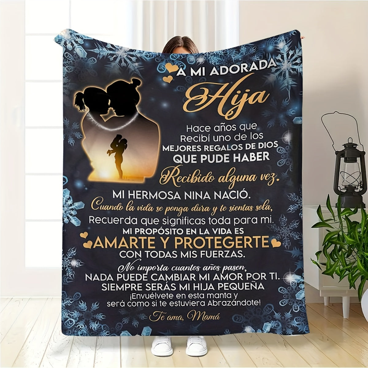 Soft and cozy Spanish letter-themed flannel throw blanket for daughter, perfect for travel and camping. Versatile for office or home decor, great birthday gift for all seasons. Machine washable with digital print polyester material.