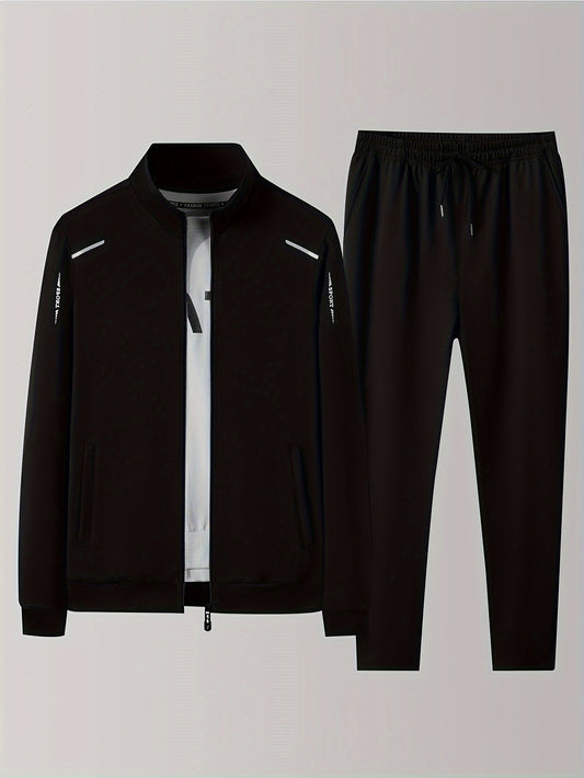 Men's two-piece casual sports suit with stand collar open shirt for spring and autumn.