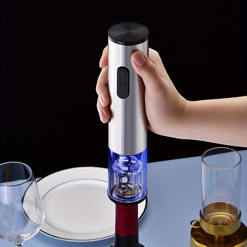 Cheer Moda Sleek Stainless Steel Electric Wine Opener for effortless wine opening. Includes spiral drill and works with AA batteries (not included). Perfect bar accessory measuring 4.57cm x 22.35cm.