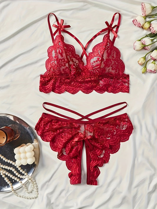 Red floral lace lingerie set with bow knot, includes strappy bra and crotchless thong.