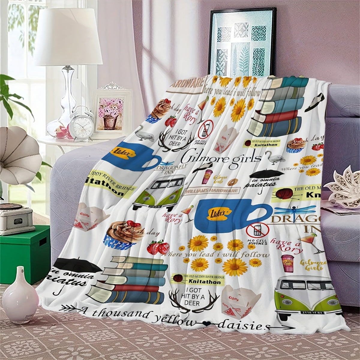 Soft and reversible flannel throw blanket inspired by Gilmore Girls, perfect for cozying up on the couch, bed, or in the office - a great birthday gift for foodies and fans of the show.