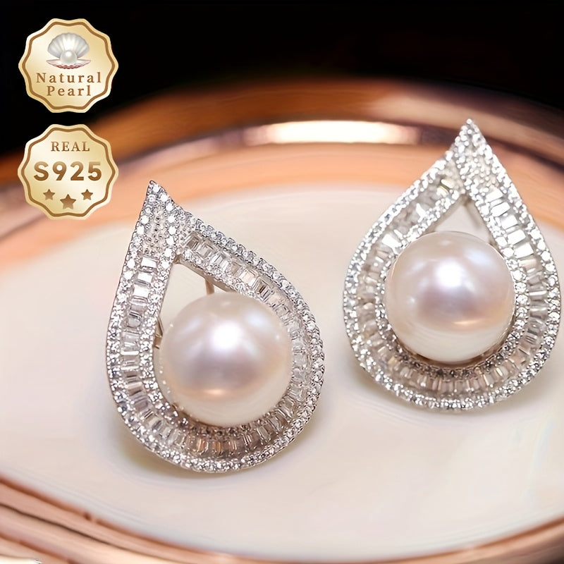 Elegant Vintage Freshwater Pearl Stud Earrings with Peacock Feather Design - Made of Natural Stone, 925 Sterling Silver, June Birthstone, No Plating, Sparkling Zirconia Inlay, Large 12-13mm Round Pearl, Perfect for Daily Wear and Gifting, Comes in a