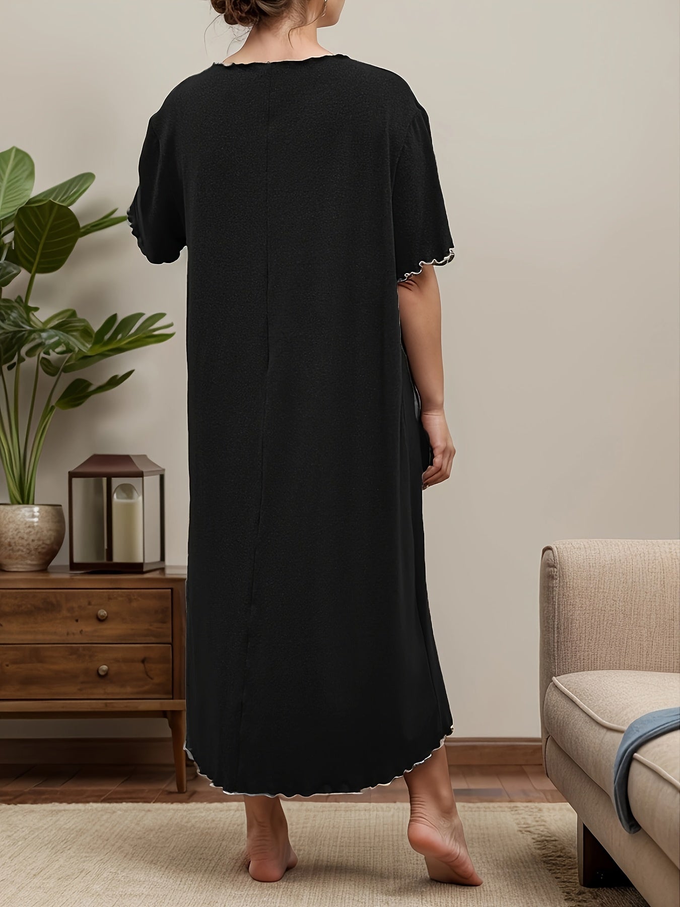 Plus size casual sleep dress with bow decor and short sleeves.