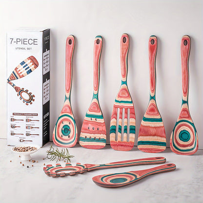 7-piece set of pink wooden kitchen utensils includes non-stick, heat-resistant cooking tools such as a spatula, rice and pasta servers, salad mixer, and pizza shovel. Ideal for Halloween, Christmas, and Thanksgiving festivities.