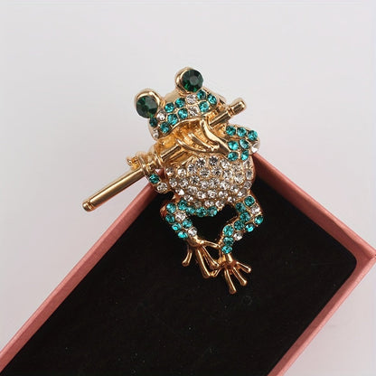 Rhinestone Brooch Featuring Frog Playing Flute, Elegant Women's Fashion Accessory