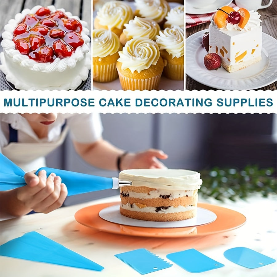 This cake decoration set includes 74 out of 100 pieces, featuring a variety of baking tools such as 48 stainless steel decorative tips, 50 thickening disposable decorative bags, cake scraper, spatula, recycling decorative bags, decorative scissors