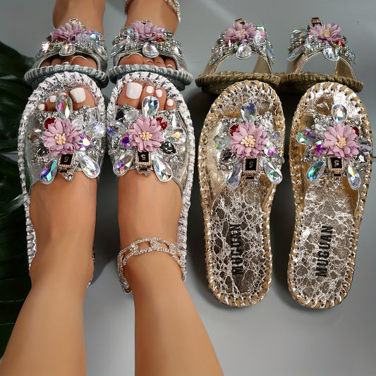 Floral Rhinestone Sandals crafted by hand