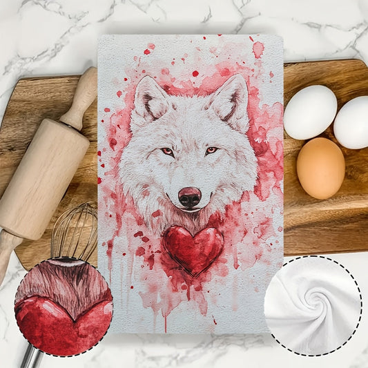 Set of 2 Ultra Soft Kitchen Towels featuring a Valentine's Day Wolfy design. These highly absorbent and machine washable dish hand towels measure 40.64x60.96 cm. The contemporary white towels are accented with red splashes and a heart detail, perfect for