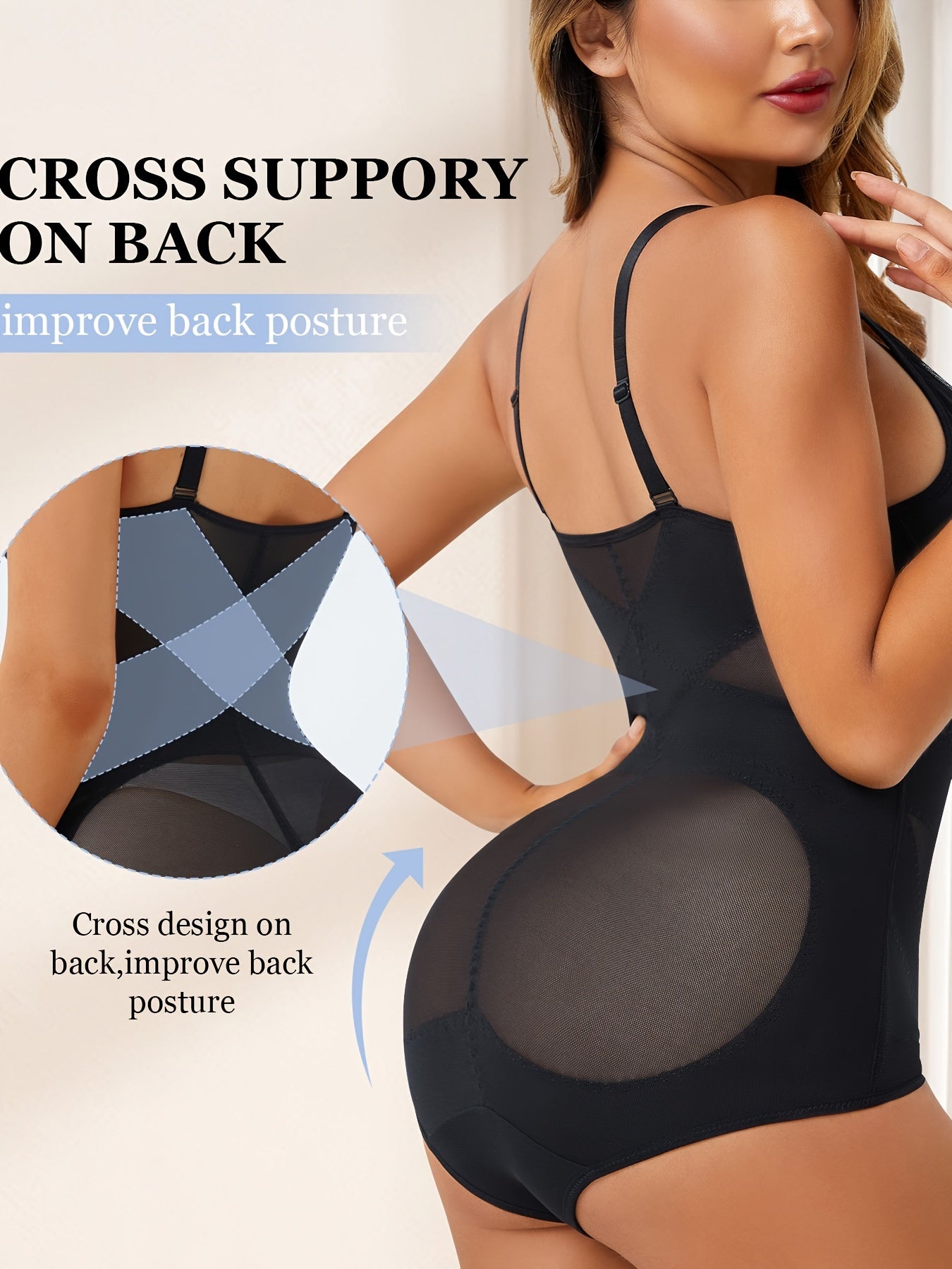 Shapewear bodysuit for women with removable pads, deep V neck, firm tummy control, breathable mesh, butt lifter, all-day wear.