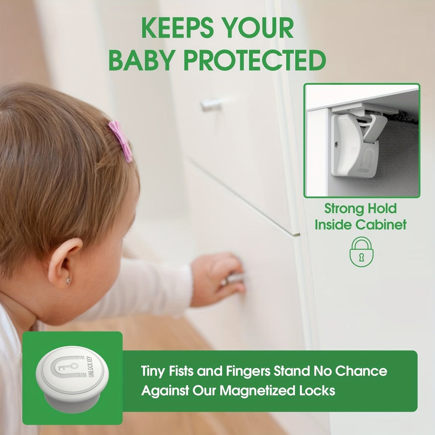 Set of 4 Babyproof Magnetic Cabinet Locks, Secure Cupboard and Drawer Latches for Children, Easy Adhesive Installation - Includes 1 Key Holder and Transparent Sticker for Unlock Position, Child Safety Strap Locks for Cabinets and Drawers.