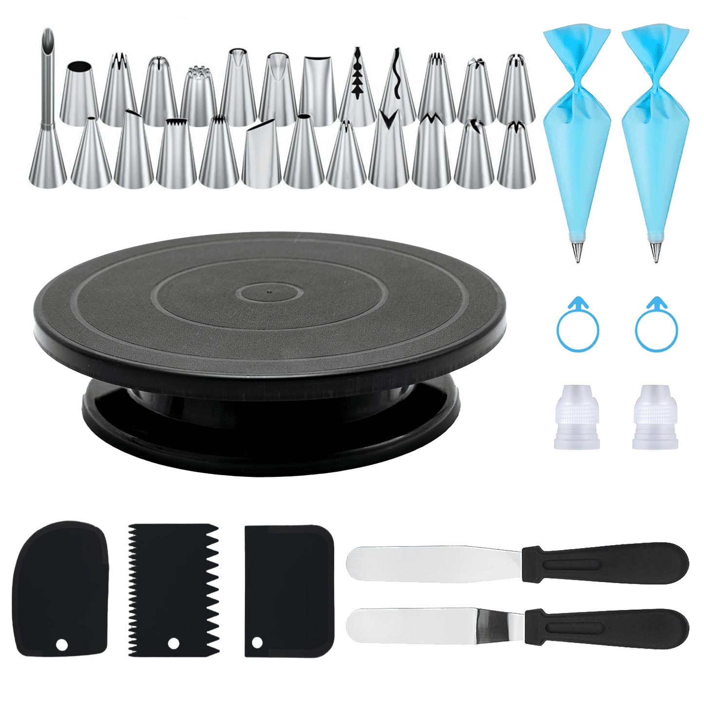 36-piece Stainless Steel Decorating Nozzle Cake Turntable Set with various tools for baking and decorating