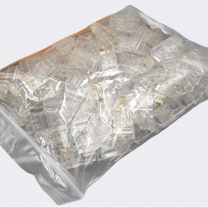 100-Pack RJ45 Pass-Through Ethernet Connectors for Cat6/Cat5 cables, gold-plated, unshielded, for solid/stranded UTP cables, non-charging RJ45 adapter.