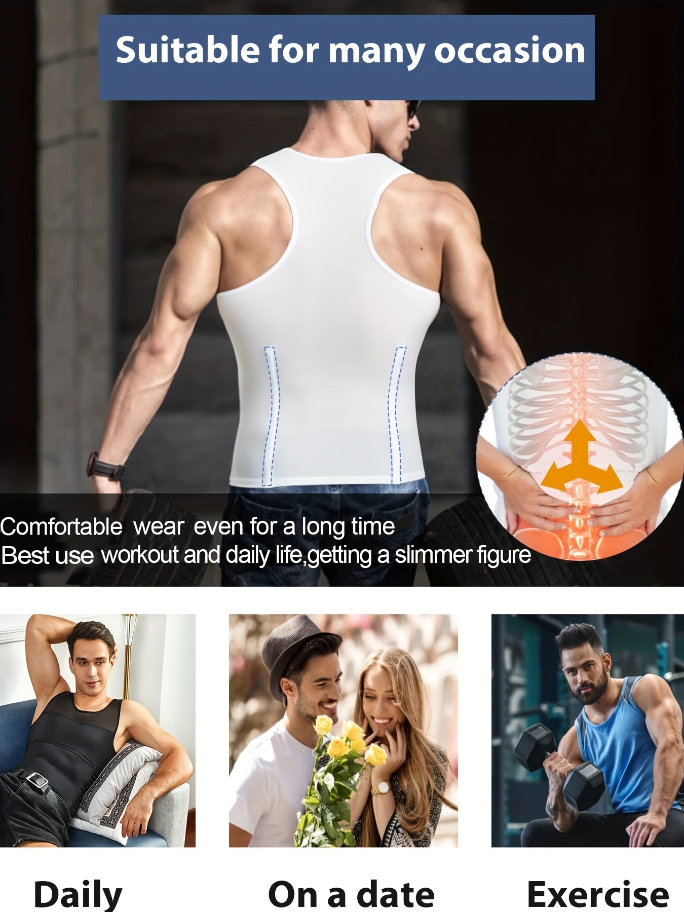 Men's body shaper tank with back support.