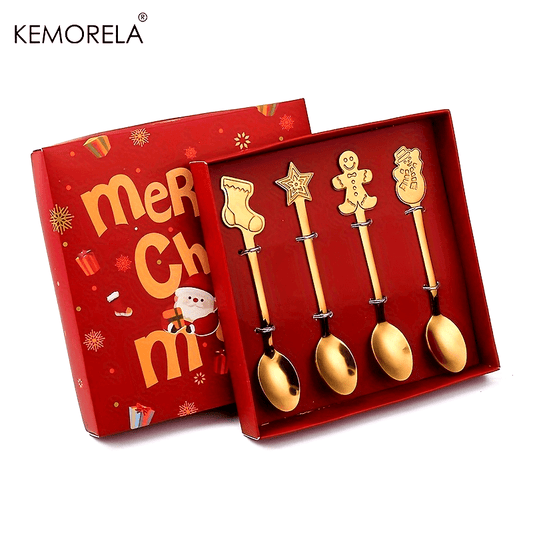 KEMORELA 4/6pcs Stainless Steel Mini Fork and Spoon Set with Q Version Cartoon Design for Christmas and Halloween festivities. Perfect holiday gift.