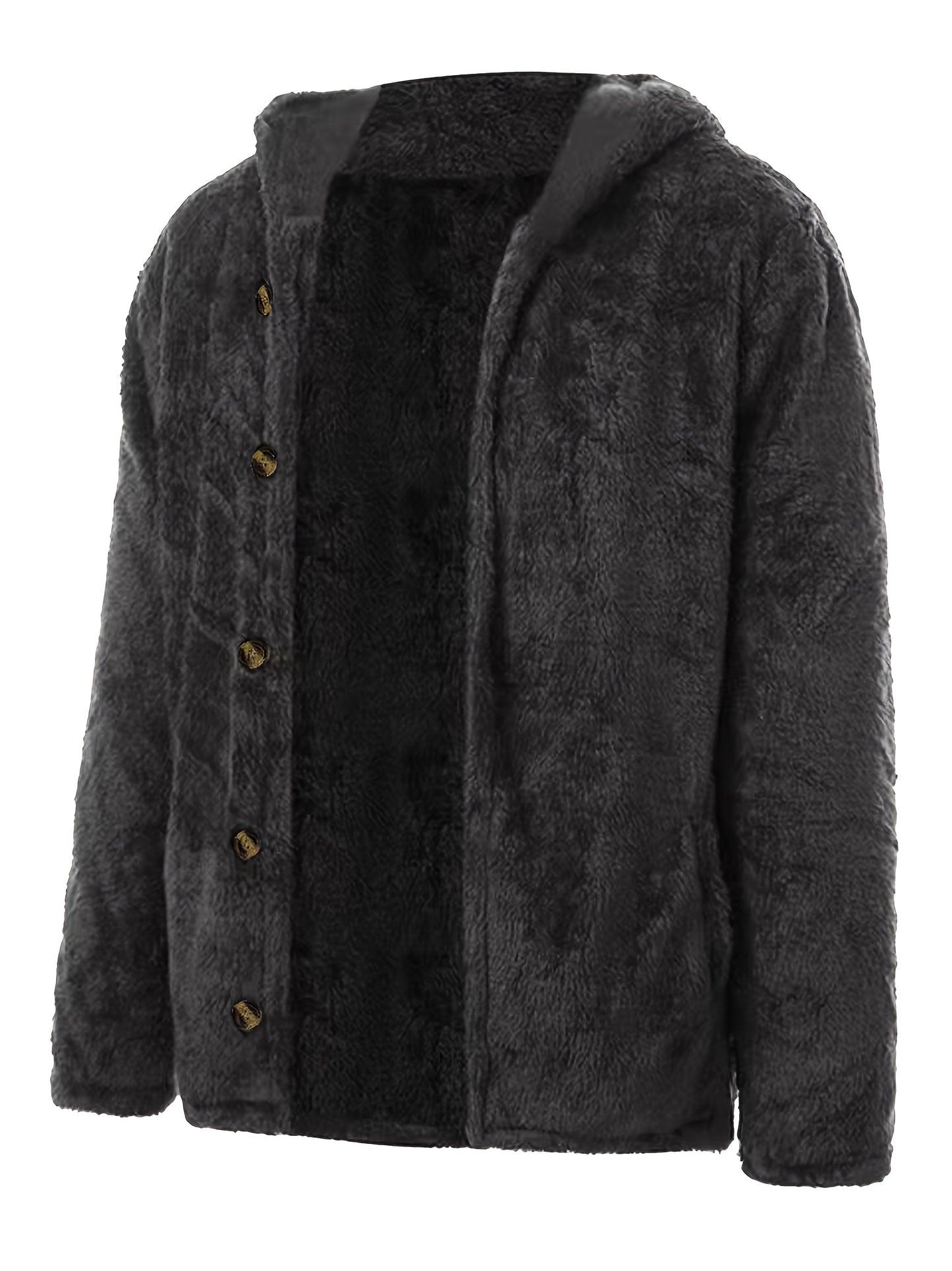 Warm and cozy brown faux fur hooded cardigan with button pockets for men, perfect for fall and winter. Comfortable and casual plus size outerwear in plush polyester.