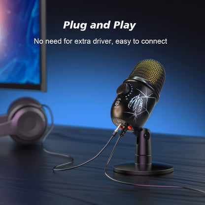 LMBGM USB Condenser Microphone with RGB Lighting, Volume Control, Noise Reduction, USB-C Connector, Unidirectional Polar Pattern; ideal for Gaming, Singing, Streaming, Video Conferencing