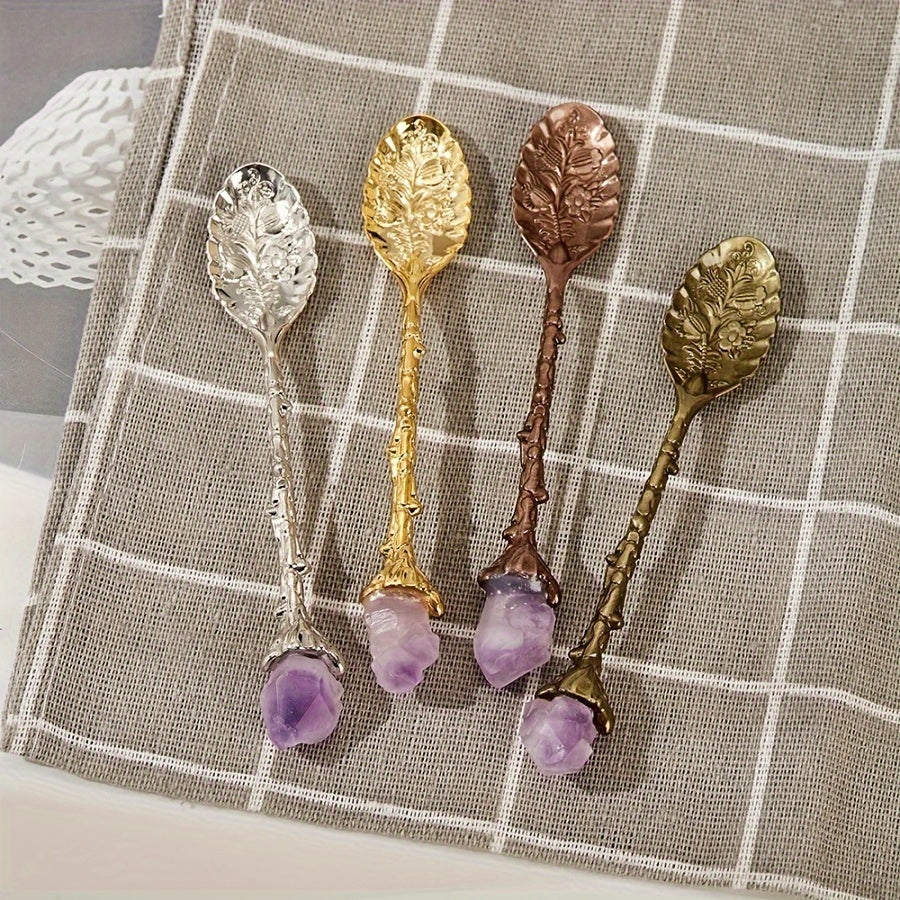 Set of four natural amethyst spoons featuring a tooth flower pattern and embossed design. Perfect for serving ice cream, desserts, stirring soup, cutting cake, and stirring coffee.