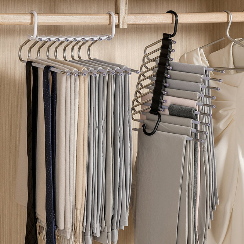 This multi-functional trouser hanger is made of stainless steel and can fold for convenient storage. It features multiple layers for organizing trousers and is a seamless addition to any wardrobe for efficient storage.