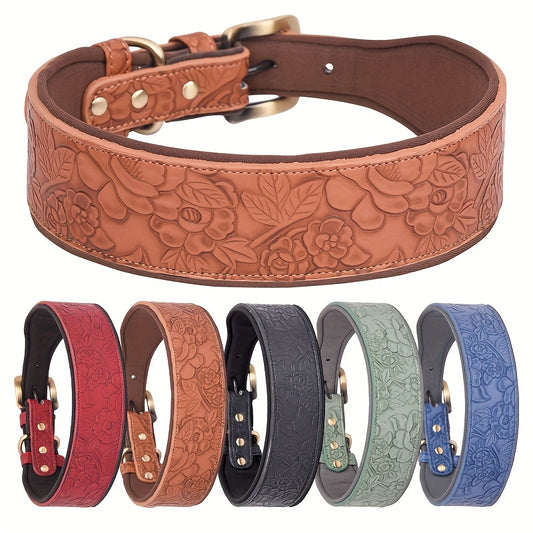 Vintage embossed dog collar with floral and crocodile patterns, adjustable buckle closure. Retro style for medium to large breeds. Can be used as a pet walking accessory.