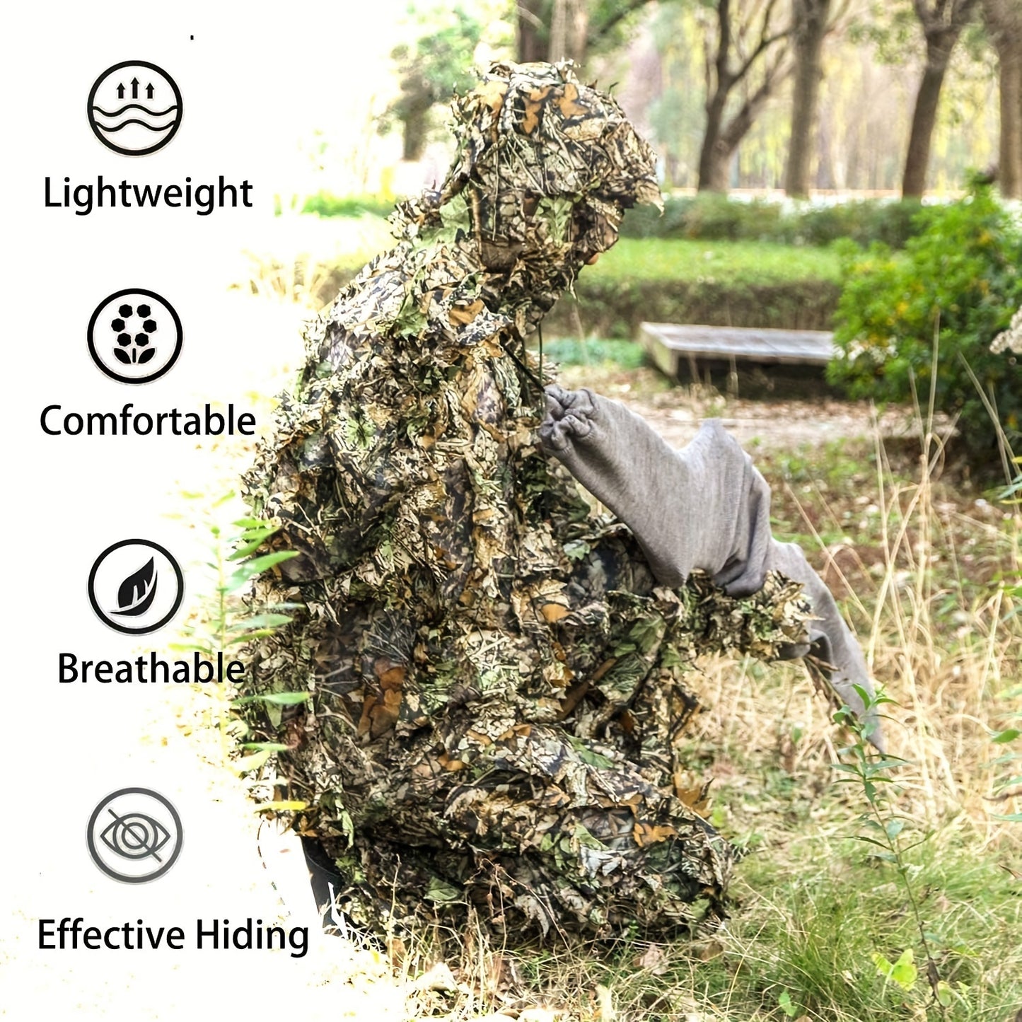 Lightweight 3D Leafy Camo Ghillie Suit for Hunting, Shooting, and Wildlife Photography - Durable Polyester, Mixed Colors, Airsoft, Turkey Hunting, Ideal Camouflage Gear.