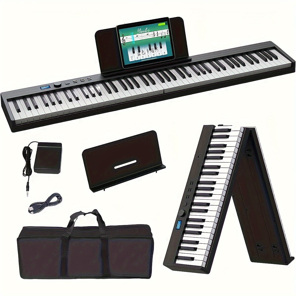 88-Key Smart Electronic Piano Keyboard with Dual Rhythm & Timbre, Includes Carry Bag, USB Cable, Manual, Music Stand, Sustain Pedal, and Music Score Board.