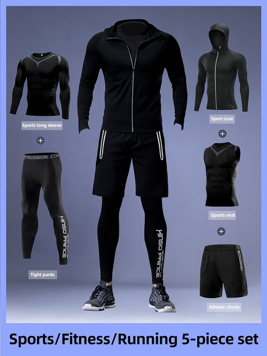 Men's athletic set includes a hooded zip-up jacket, printed sports vest, compression long sleeve top, shorts, and leggings made of high stretch knit fabric perfect for running, basketball