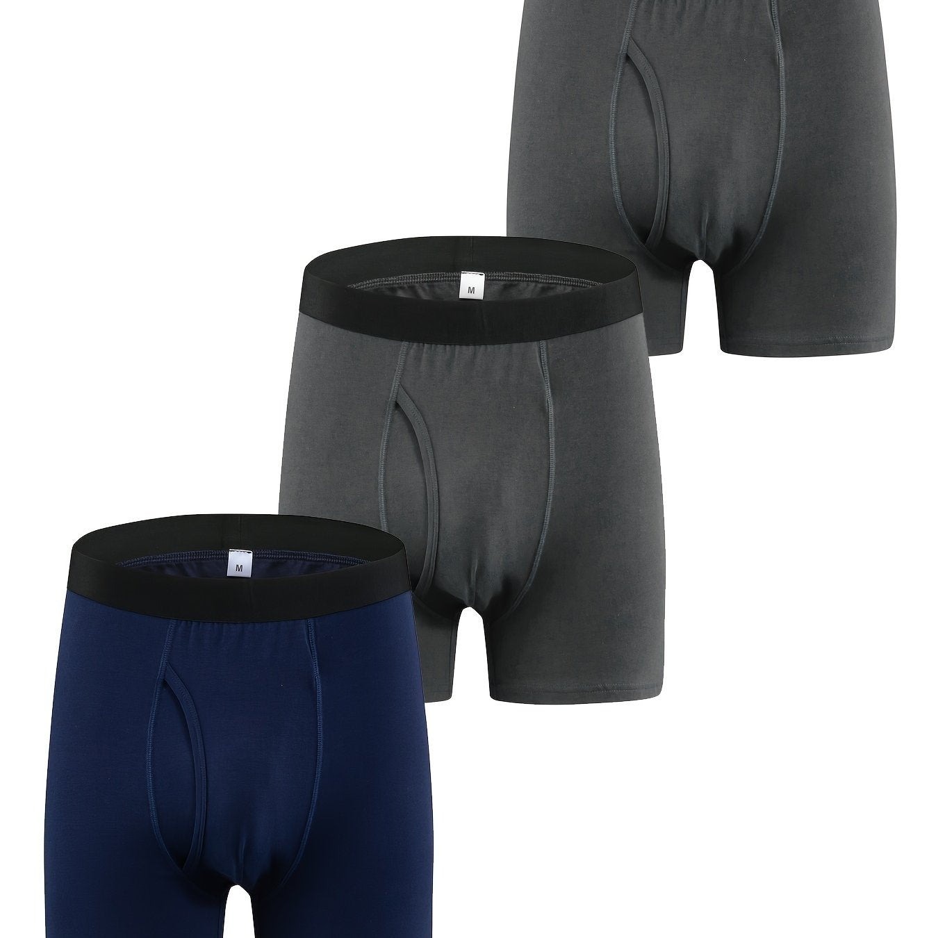 PATELIS 3-Pack Cotton Boxer Briefs for Plus Size Men - Breathable and Comfortable in Black, Gray, and Blue.