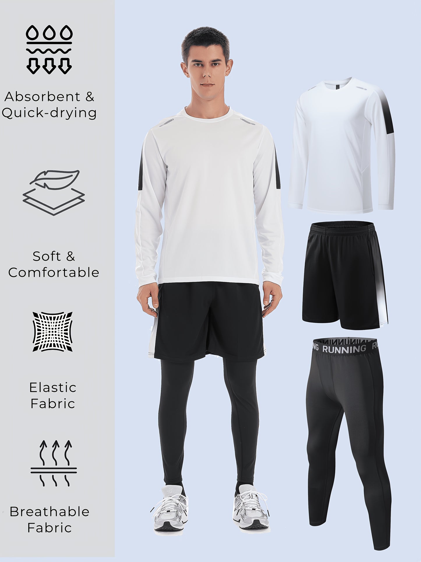 Men's 3-piece sports fitness suit: breathable and quick-drying top, tight trousers, and shorts for outdoor activities like hiking, jogging, and cycling.