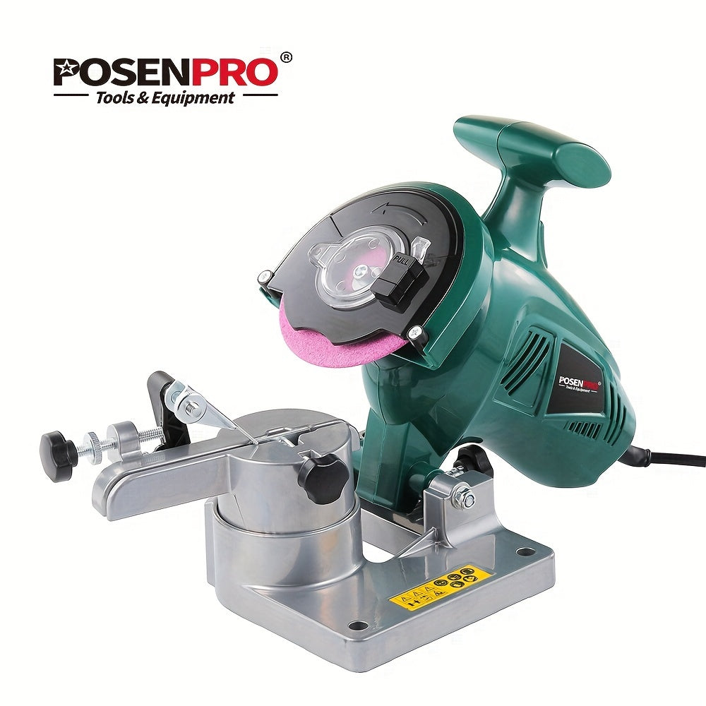 POSENPRO Electric Chainsaw Sharpener with 250W power, 10.16cm chain grinder in green. Features adjustable clamp, dual rotation, portable design, and efficient grinding. EU plug (220-240V).