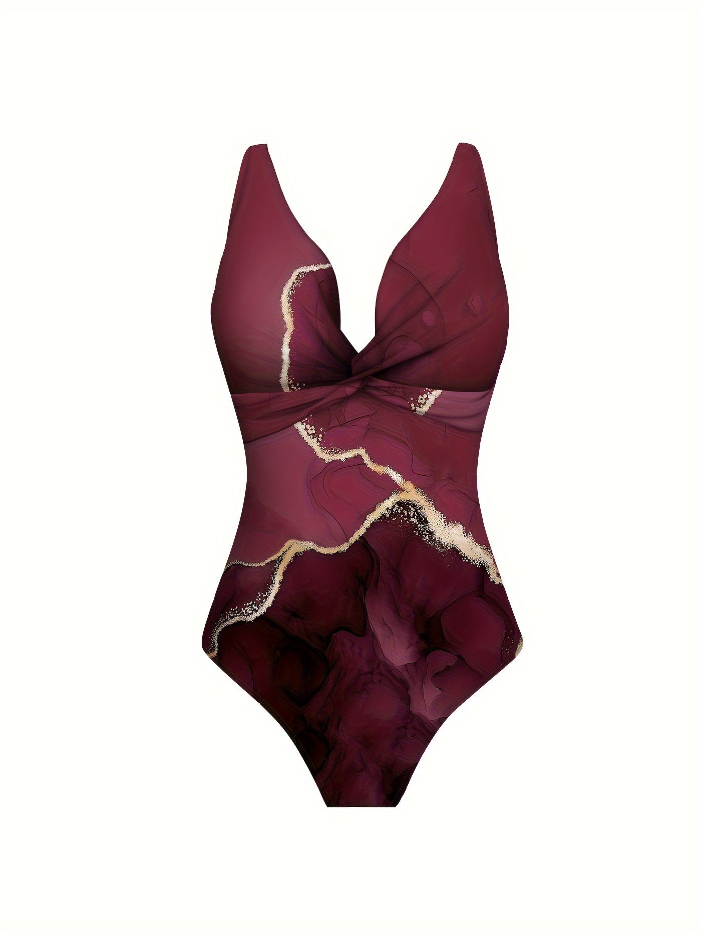 Deep red printed two-piece beachwear set with crisscross details on one-piece bathing suit and matching tie-waist skirt, perfect for parties.