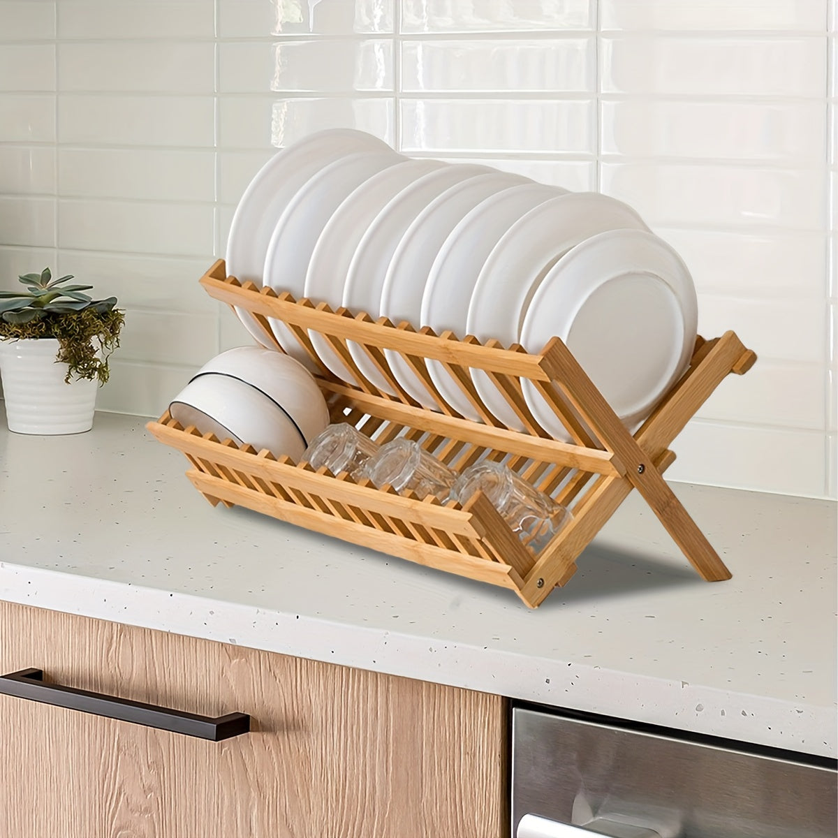 Bamboo Dish Rack with Foldable Design - Kitchen Plate Drying Rack for Dishes and Bowls - Space-Saving Storage (16/20 Grids)