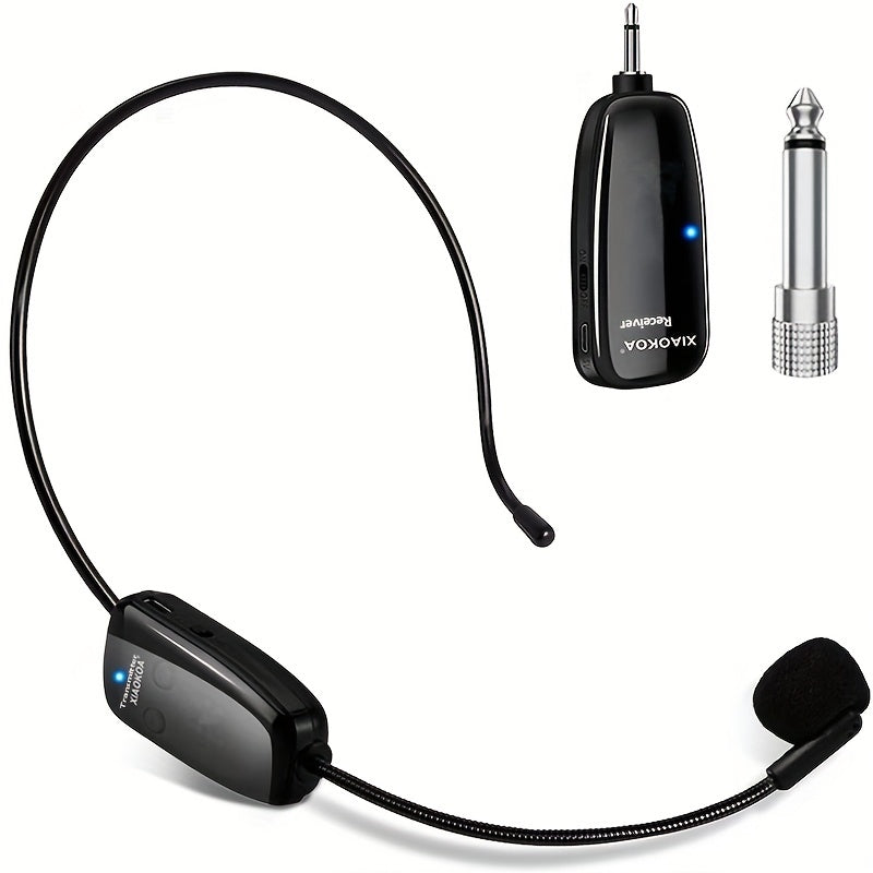 Rechargeable wireless microphone headset with UHF receiver, ideal for public speaking and teaching, USB Type-C charging.