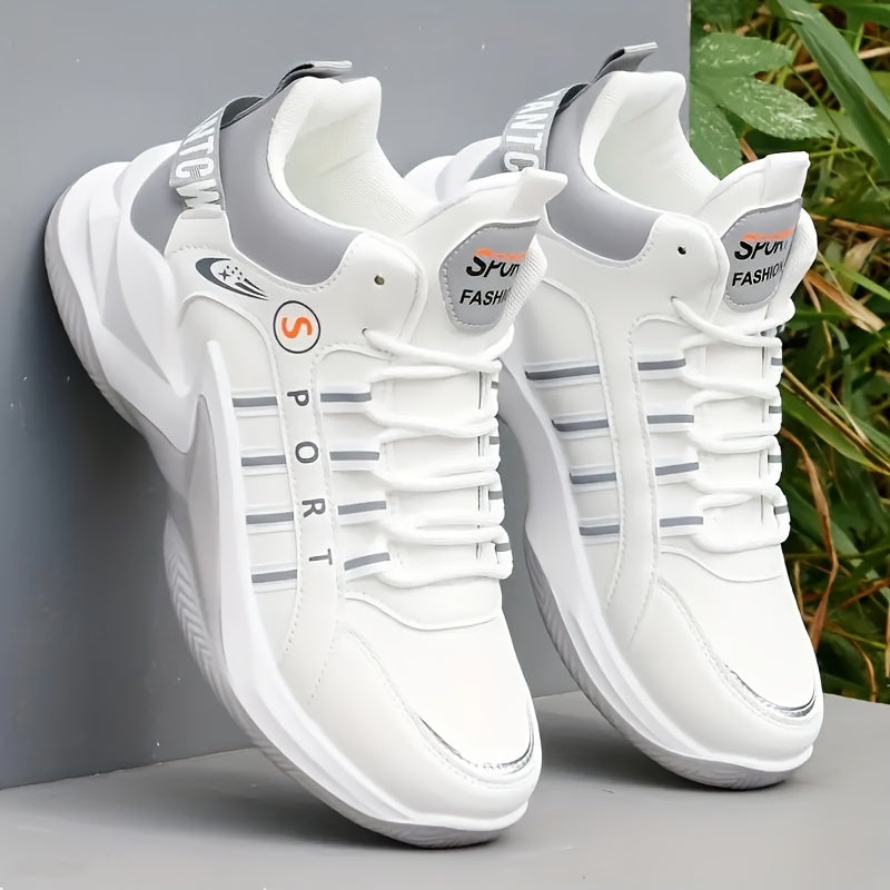 Men's casual athletic sneakers with mid-top lace-up design, durable rubber sole, comfortable PU upper and inner lining, breathable fabric lining, sporty style with "SPORT" print, all-season