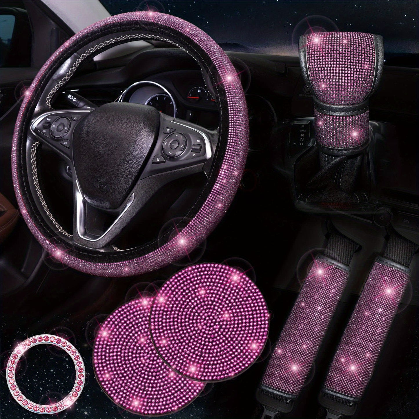 Women's bling car accessories: steering wheel cover, coasters, seat belt shoulder pads, ring sticker, and gear shift cover.