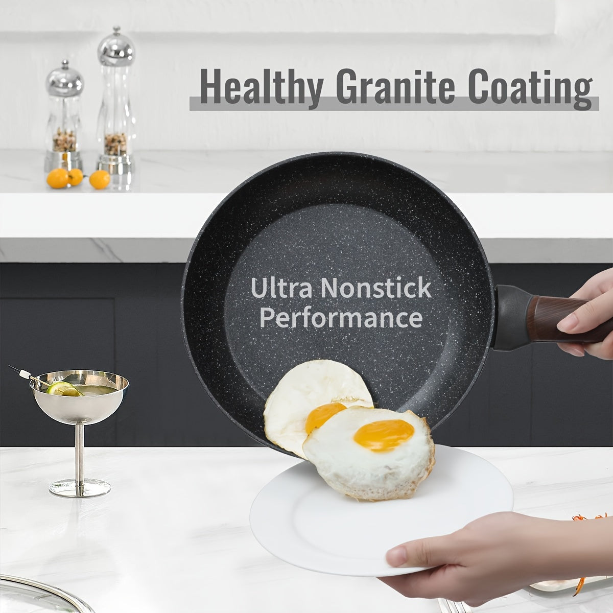 High-quality Nonstick Granite Skillet - Free of PFOA, Suitable for Induction Stovetops, Perfect for Cooking Eggs & Omelets, Easy to Clean in Dishwasher, Features a Silicone Handle - Comes in Various Sizes (20.32cm/22.1cm/24.13cm/25.4cm/27.94cm)