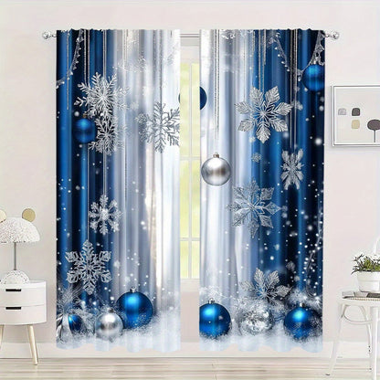 Christmas Blue Festive Curtains Set includes 2 pieces - Featuring Rod Pocket Design and Digital Printed Polyester Drapes perfect for Living Room, Kitchen, and Dining Decor (Rod Not Included)