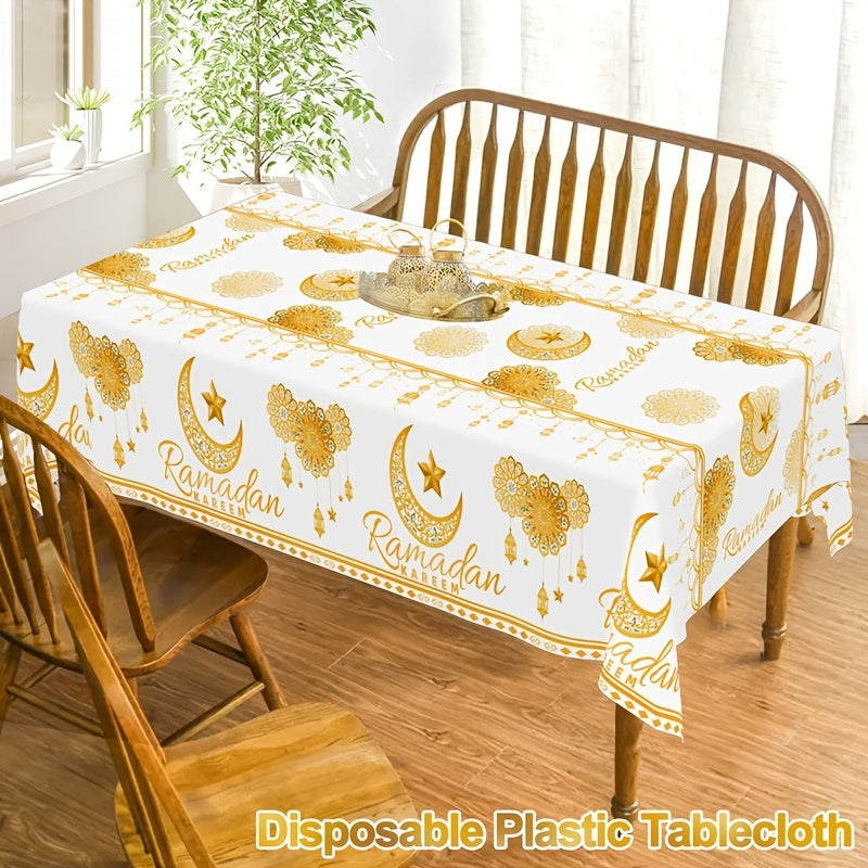 1pc White & Golden Ramadan Kareem Disposable Plastic Tablecloth, 130x220cm, featuring Moon, Lantern, & Star pattern. Ideal for Islamic Muslim parties, Eid Al Adha & home celebrations.